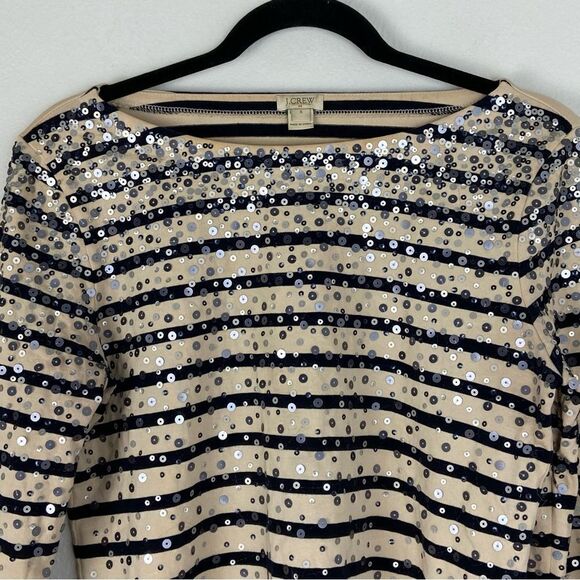 J Crew Cream & Black Striped Sequined Top Coastal Grandma Nautical Preppy Small - Picture 11 of 12